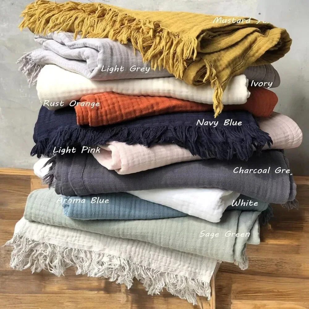 NEW West Elm Boho Beige Tassel Waffle Knit Muslin Gauze Throw Blanket 55